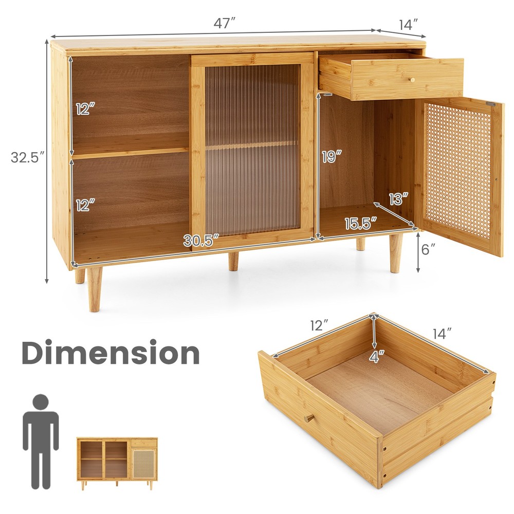 Buffet Sideboard Cabinet Rattan Console Table with Sliding Doors Storage Drawer