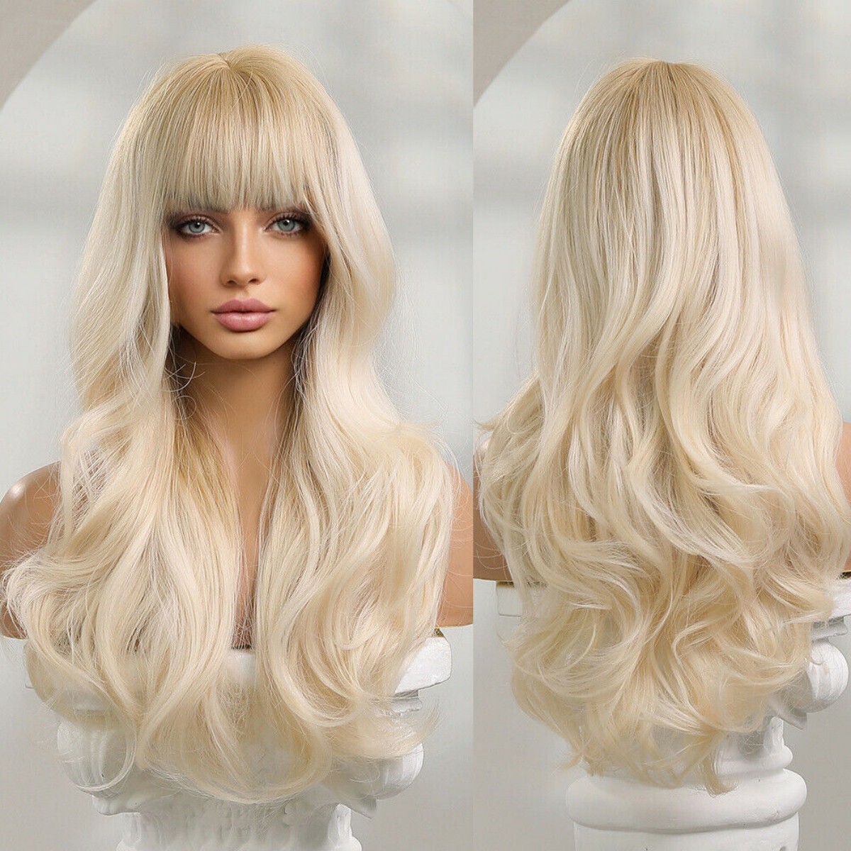 Platinum Blonde Hair Wigs with Bangs Long Wavy Synthetic for Women Fanshion Wigs