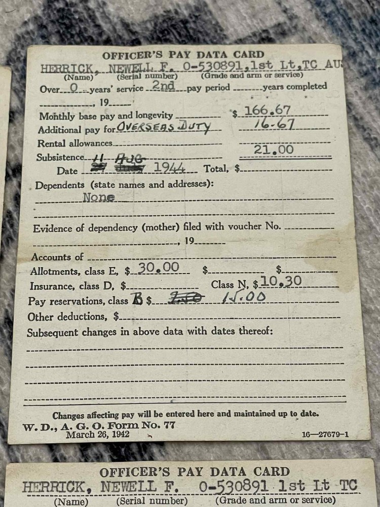 WW2 WWII US Army Grouping Documents & Sterling Silver ID Bracelet Newell Herrick