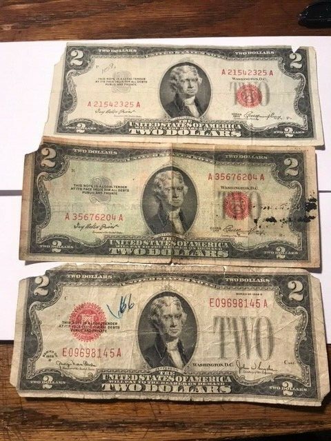 3-Two Dollar Notes Heavy Circulated #1283