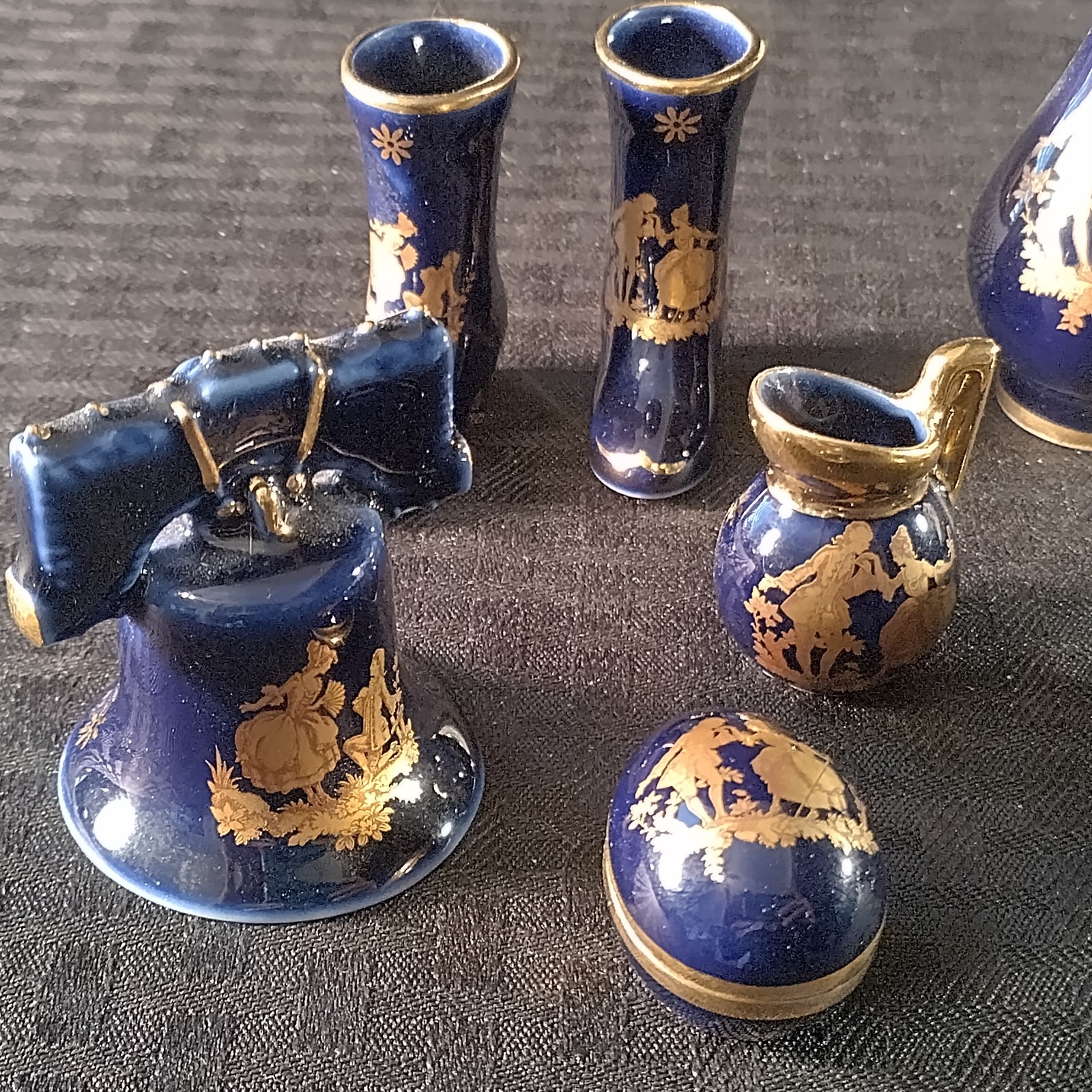 Limoges Cobalt Blue and Gold Miniatures Courting Couple Set Of 7 Pieces