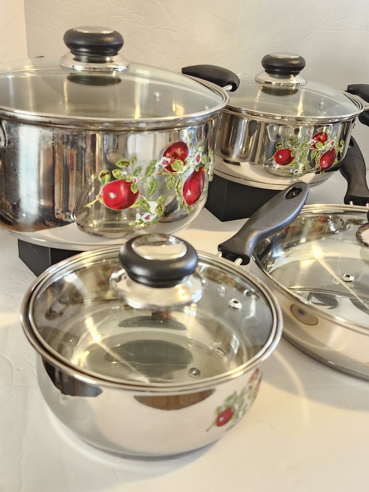 12pc Aluminum w/ Apple Design Transferware Cook Set w/ Lids Double Bottom