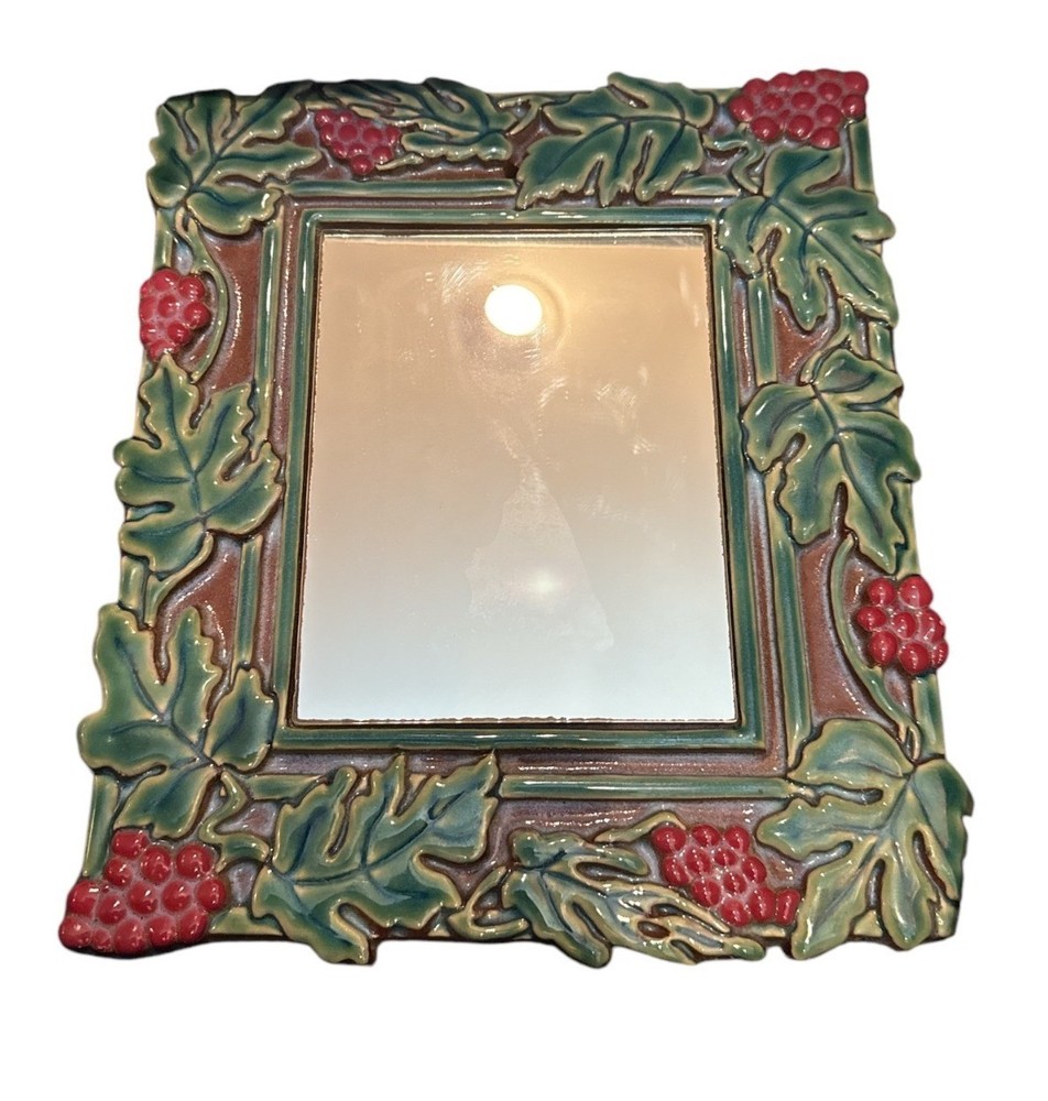 Alamo Tile Grape & Leaf Ceramic Framed Mirror Signed READ