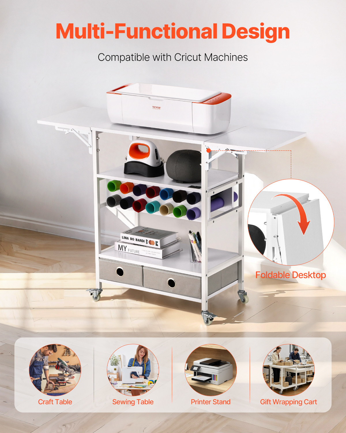 VEVOR Rolling Craft Cart and Storage Table 14 Vinyl Roll Holders 2 Drawers