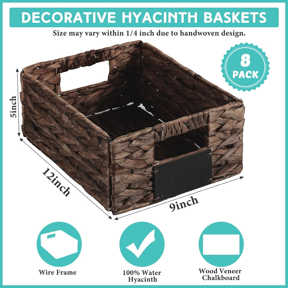 8 Pcs Wicker Storage Basket, Rectangular Water Hyacinth Storage Basket for Shelv