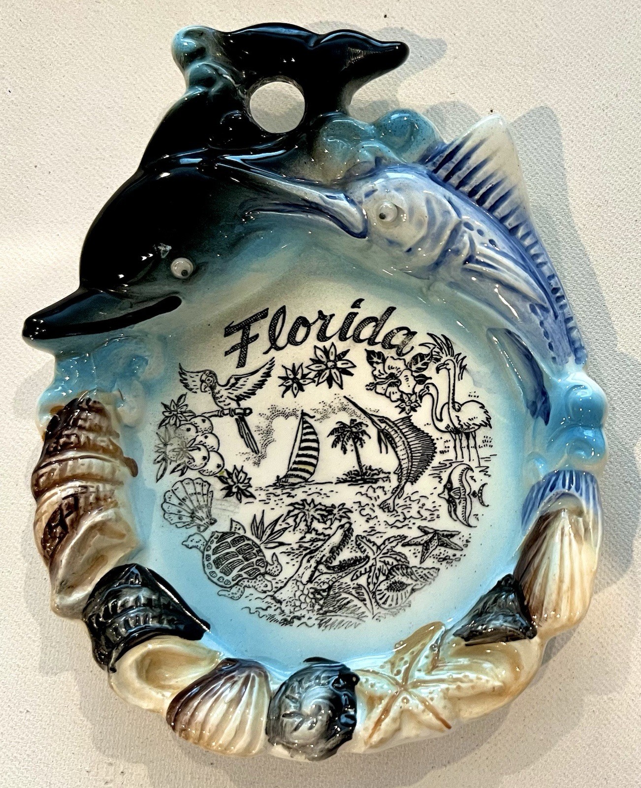Vintage Florida Souvenir Ashtray With Fish and Sea Life