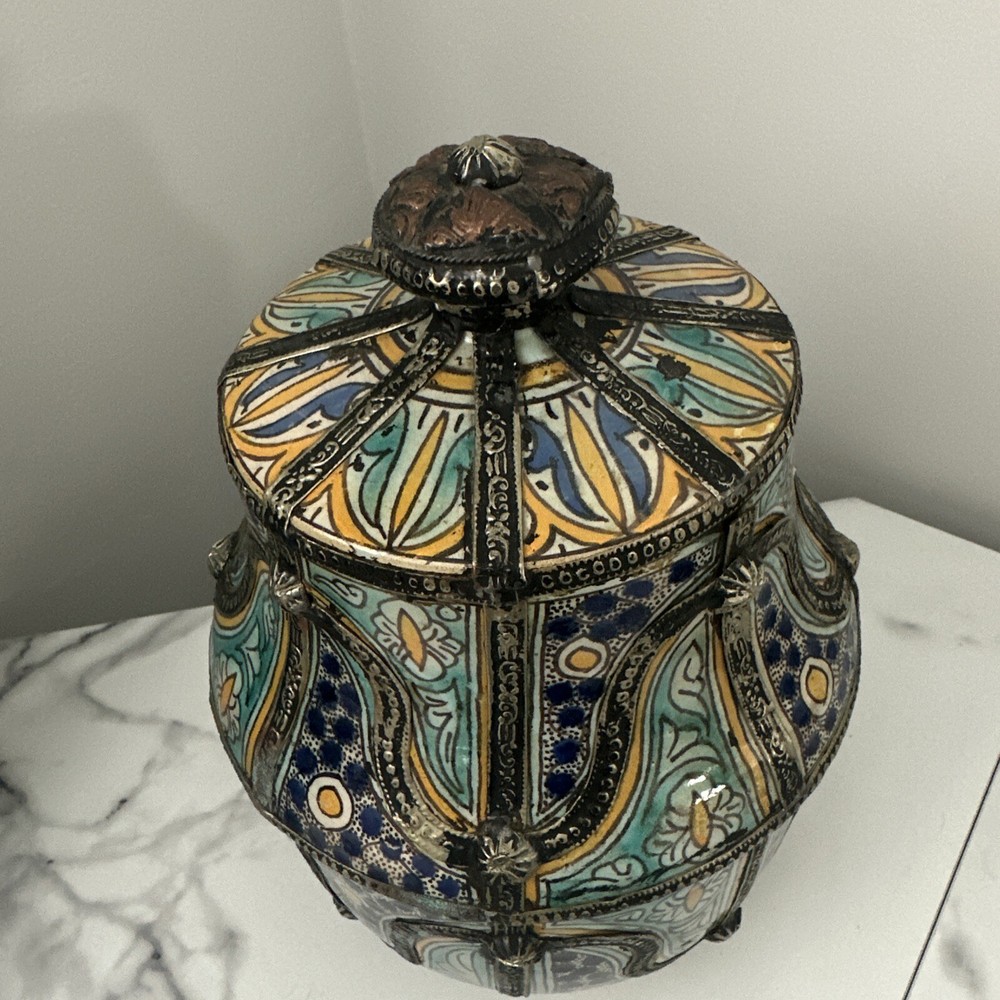 Antique Moroccan Jar With Silver Trim