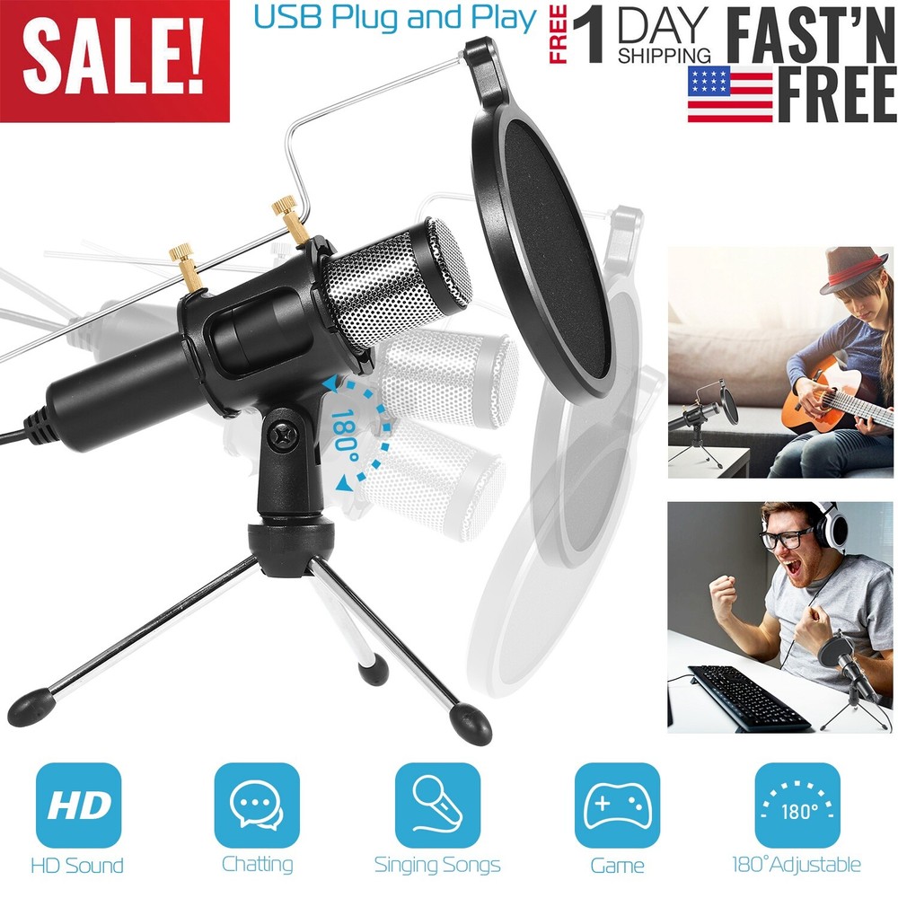 USB Condenser Microphone w/ Tripod Stand For Game Chat Audio Recording Computer