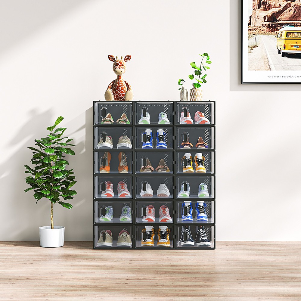 Black Small 18-Piece Shoe Storage Box Set – Plastic Mesh & Stackable Design