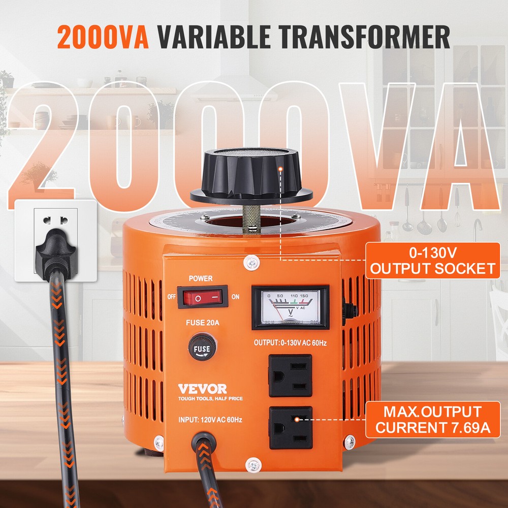 VEVOR 2000VA Variable Voltage Transformer 15.3A 0-130V AC Voltage Regulator UL