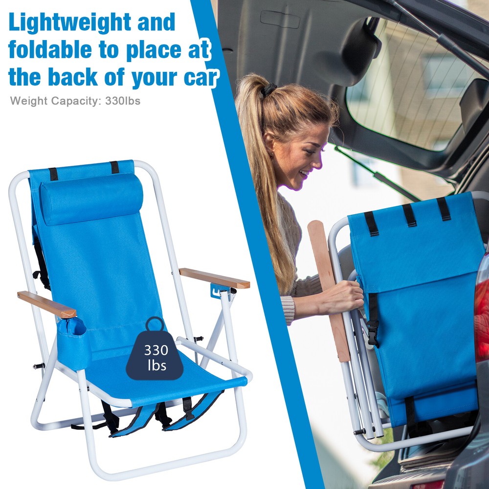 Folding Backpack Beach Chair Portable Camp Seat w/Adjustable Position Cup Holder