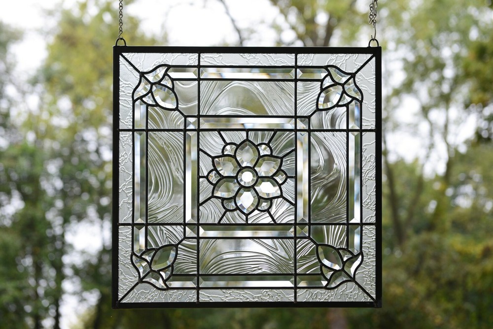 Handcrafted stained glass panel Clear Beveled window panel 20" x 20"
