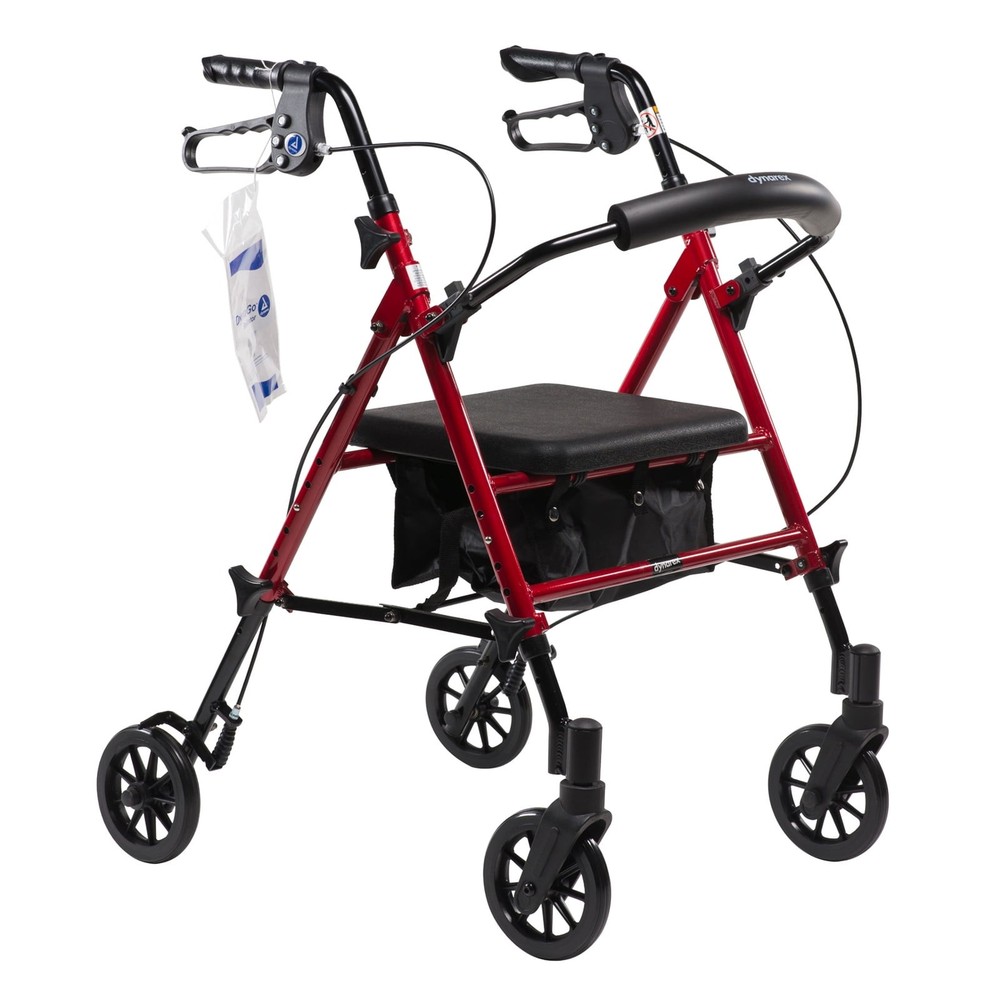 Dynarex DynaGo Flex Rollator, 6" Wheels, Adjustable Seat Height, Red Frame