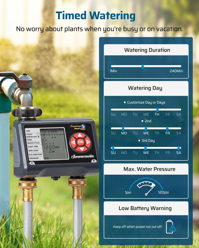 DEWENWILS 2 Zone Sprinkler Timer 8 Programs Water Hose Timer Leakproof Outdoor