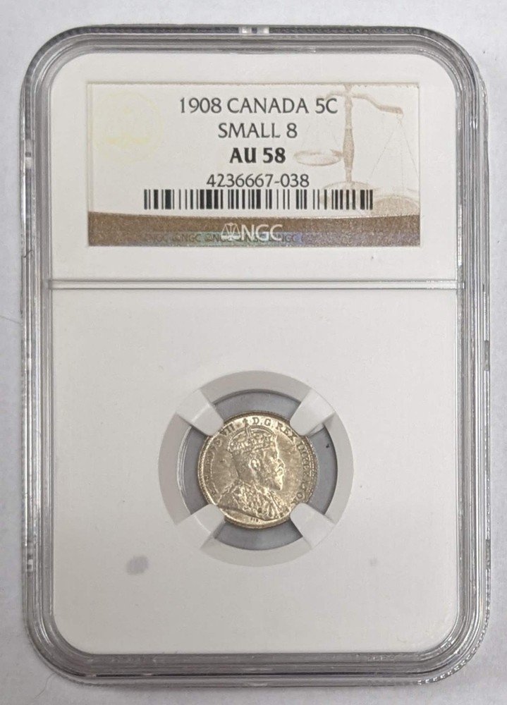 1908 Canada 5c Small 8 NGC AU 58