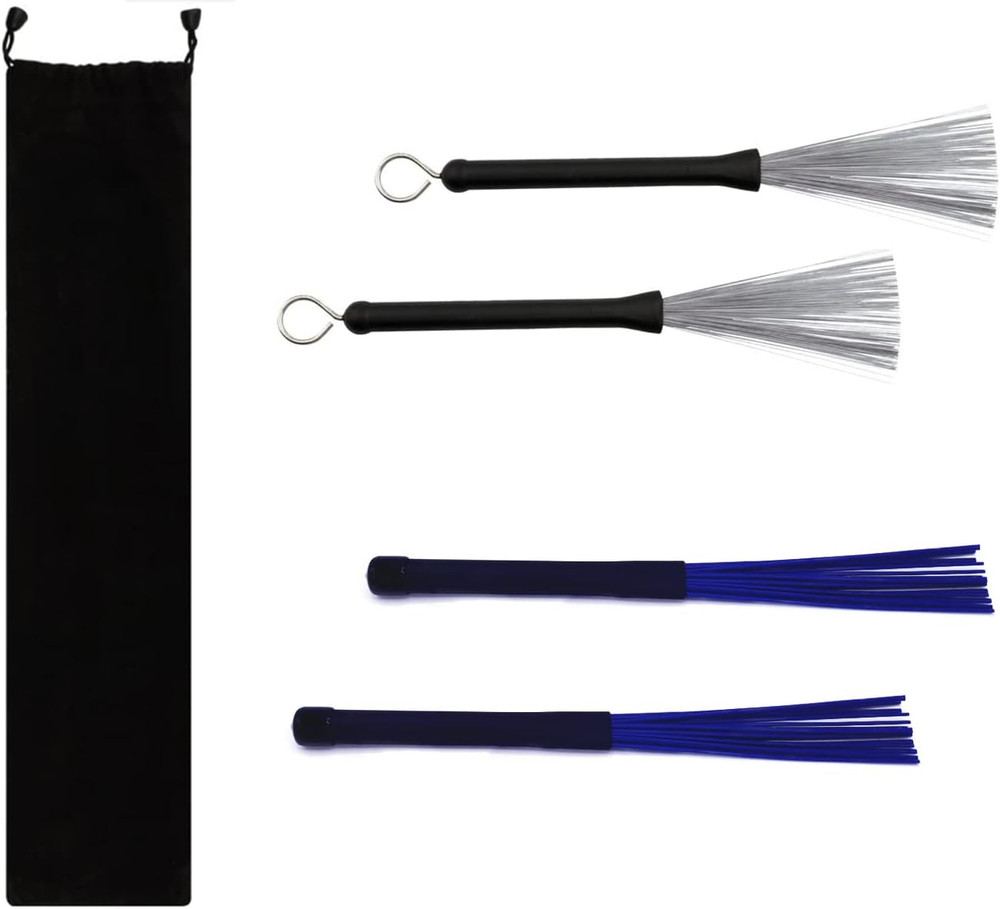 Drum Brushes Set 1 Pair Retractable Wire Brushes and 1 Pair Nylon Brushes Set