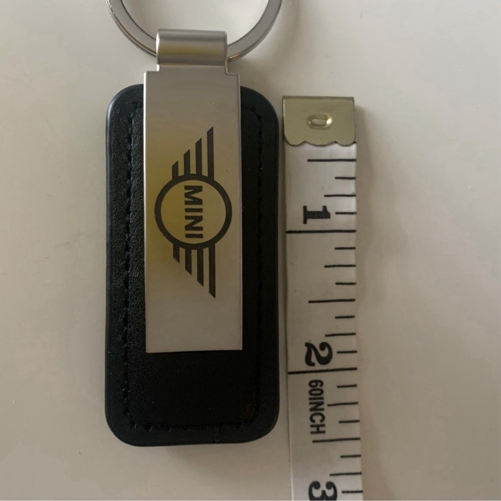 MINI Cooper Leather Silver Name Plate Keychain Key Ring