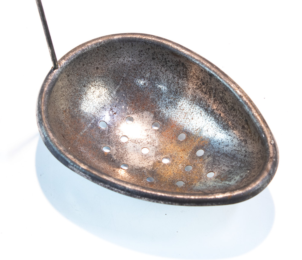 Vintage Metal Tin Egg Shaped Oval Strainer w/Wire Handle