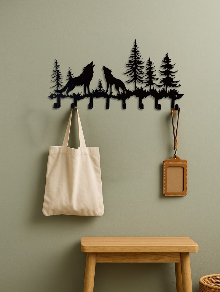Rustic Wolf Design Key Hooks Wall Mounted Coat Rack Decor