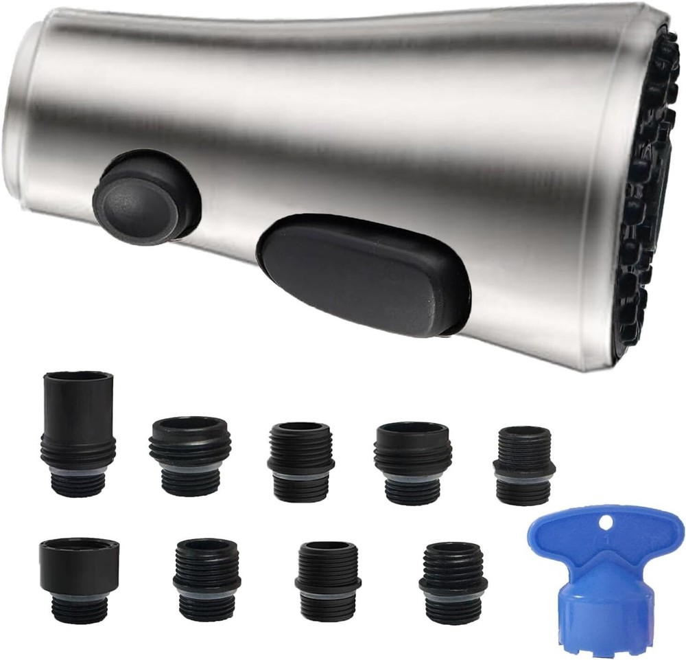 Brushed Nickel Pull Down Faucet Spray Head Replacement 3 Modes 9 Adapters Compat
