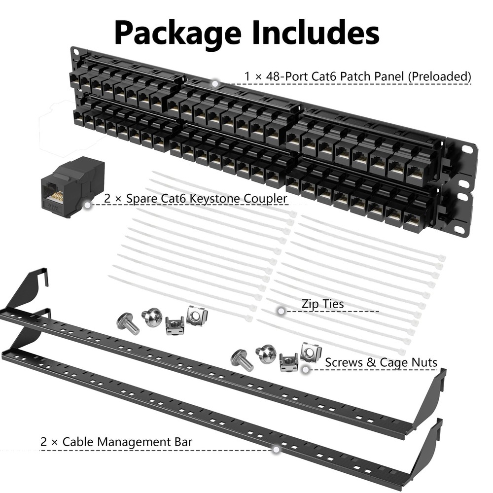Jadaol [UL Listed] 48 Port Patch Panel Rackmount or Wall Mount 19-Inch, 2U Ca...