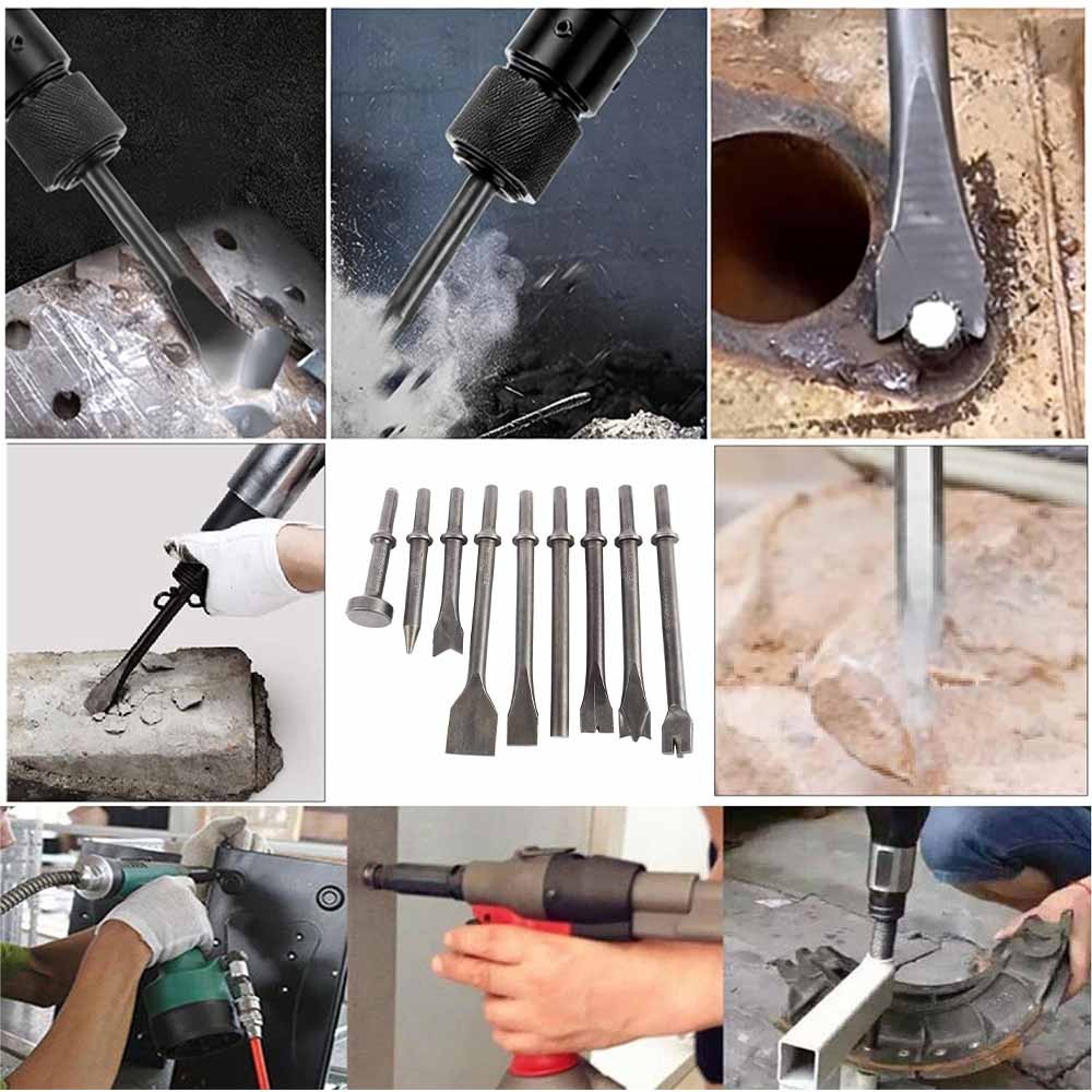 9Pcs 0.39 Inch Shank Pneumatic Air Hammer Bits | Chipping Chisel Punch Tool Set