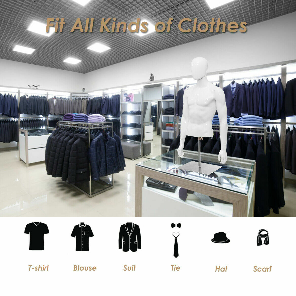 Half Body Mannequin Form Male Head Turn Display White