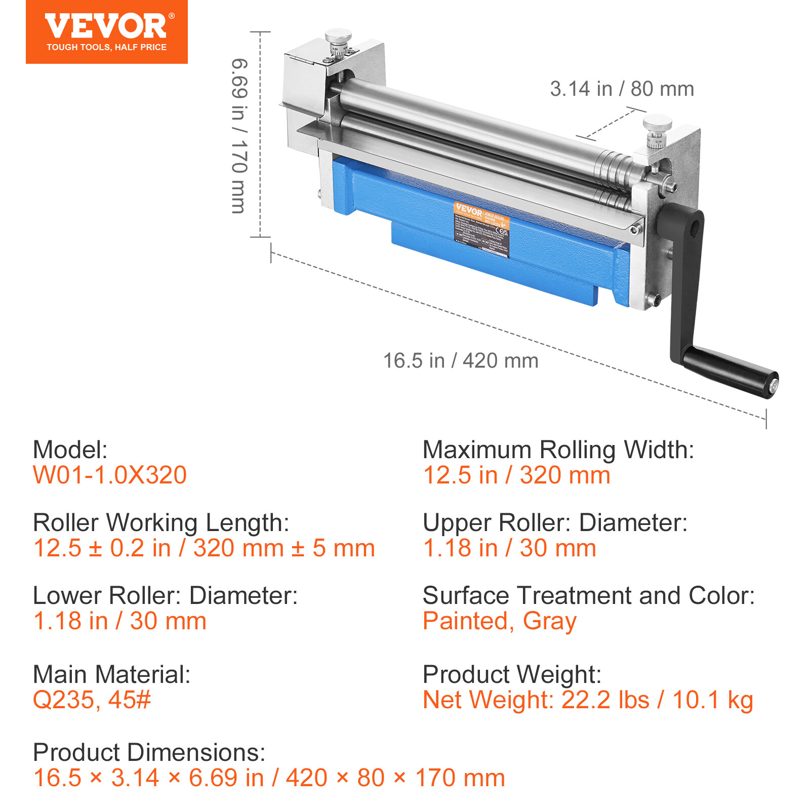VEVOR Slip Roll Machine Sheet Metal Slip Roller 12.6'' x 20 Gauge