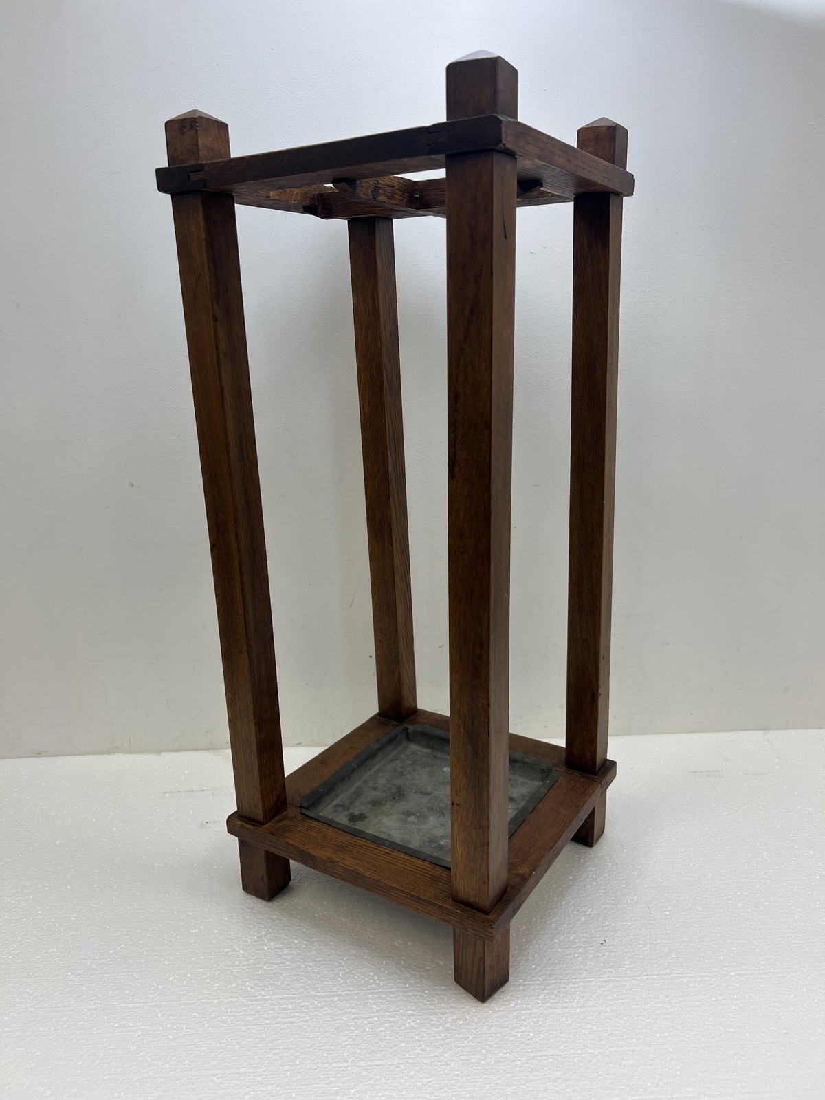 Antique Arts & Crafts Umbrella Stand Metal Drip Tray vintage mission wood sikes