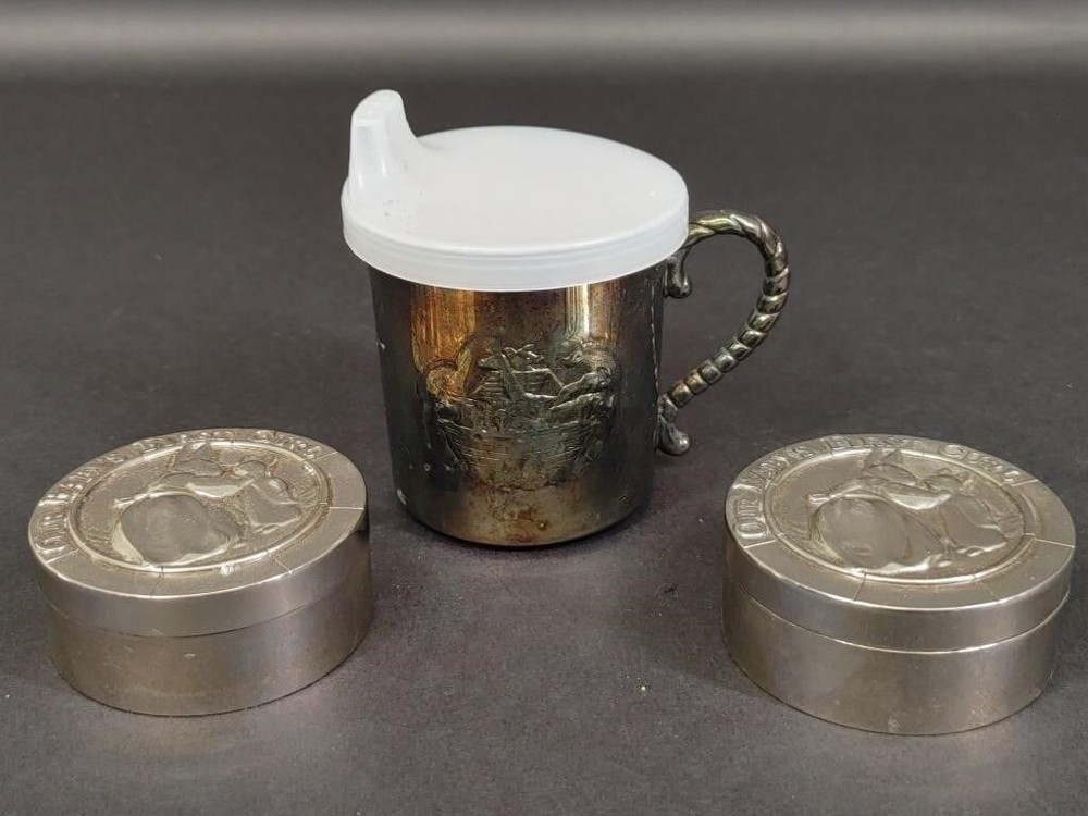 VTG Gorham Silverplate Baby Cup & 2 Godinger Silver First Curl Trinket Boxes
