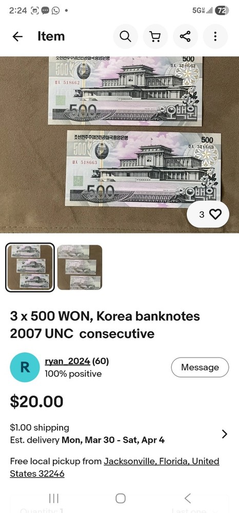 3 x 500 WON, Korea banknotes 2007 UNC  consecutive