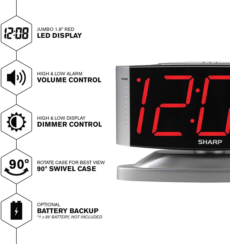 Sharp Home LED Digital Alarm Clock – Swivel Base - Outlet Small, Red,silver