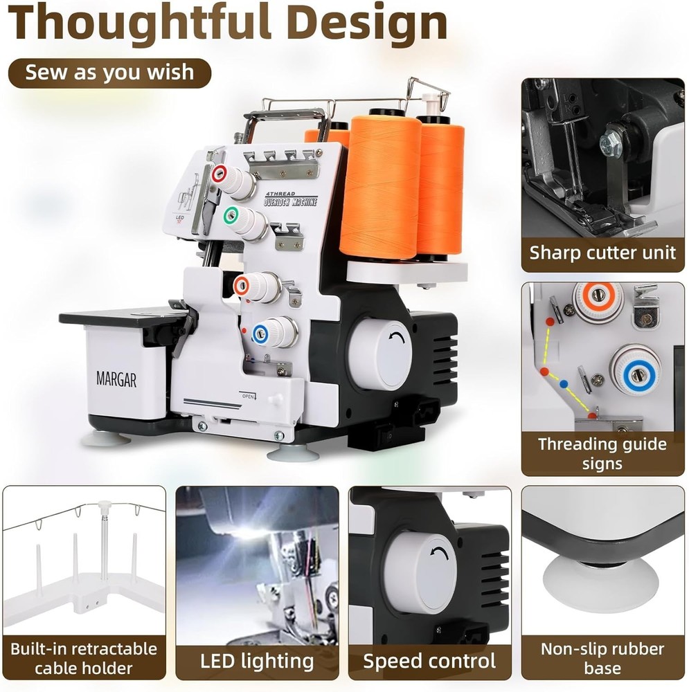 Serger Overlock Sewing Machine with 3/4 Thread Capability Foot Switch 1250 S/Min