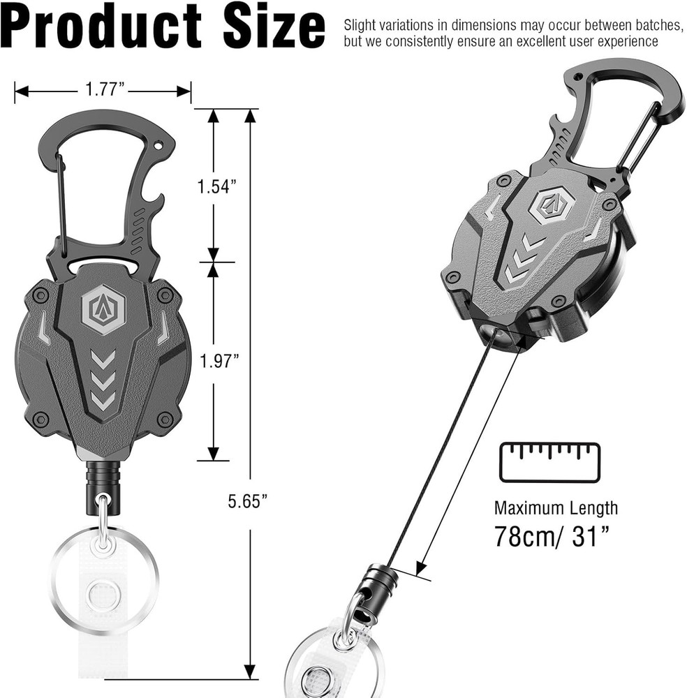 2Pack Heavy Duty Retractable Keychain, Tactical ID Badge Holder 2 Pack, Black