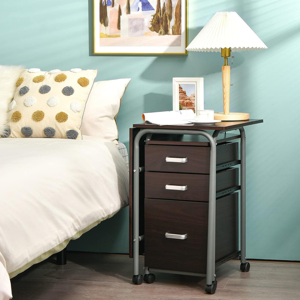 Folding Computer Desk with 3 Storage Drawers, Mobile Home Office Desk Study Writ