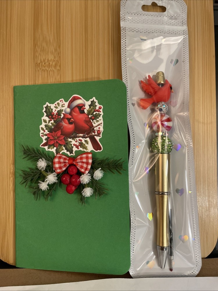 HANDCRAFTED RED BIRD BEADED PEN & NOTE PAD SET