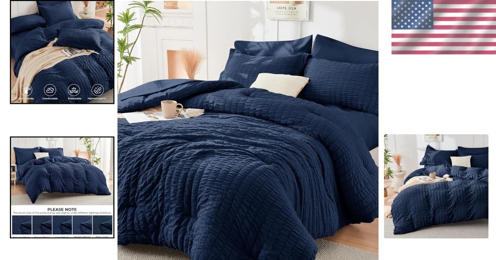 Deep-Pocket Navy Blue Queen Comforter Set - 7 Pieces, Wrinkle Resistant Design
