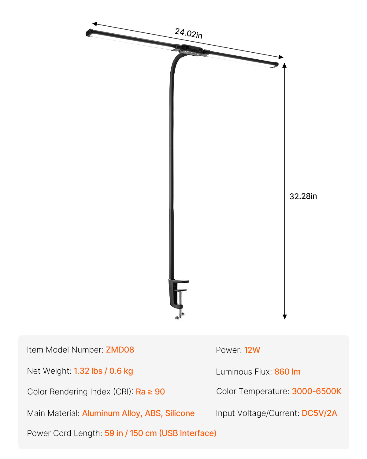 LED Desk Lamp with Clamp Double Head Desk Lamp with 360° Adjustable Gooseneck