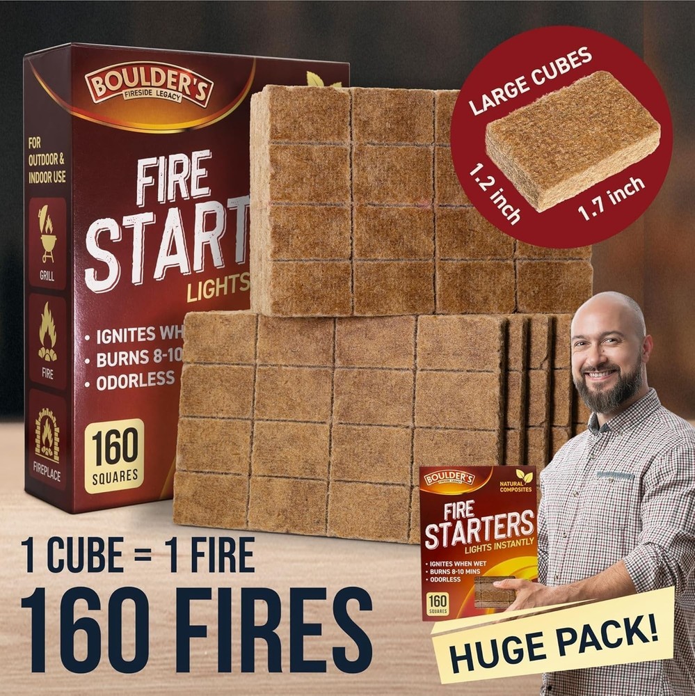 Fire Starter Cubes, 160 pcs - Bulk Pack - Firestarter Squares for Fireplace, ...