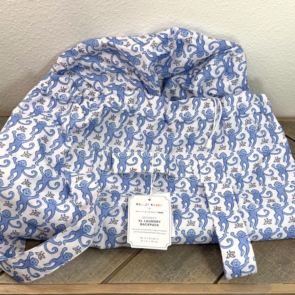 POTTERY BARN x ROLLER RABBIT MONKEY XL LAUNDRY BACKPACK 16X31" BLUE DORM READY!