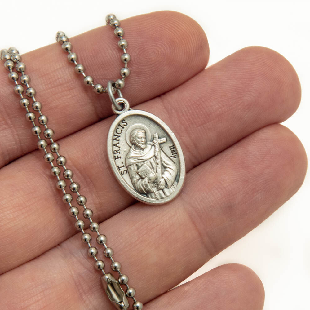 Saint St Francis Of Assisi Pray For Us 1" Medal Pendant Necklace 24" Chain Italy