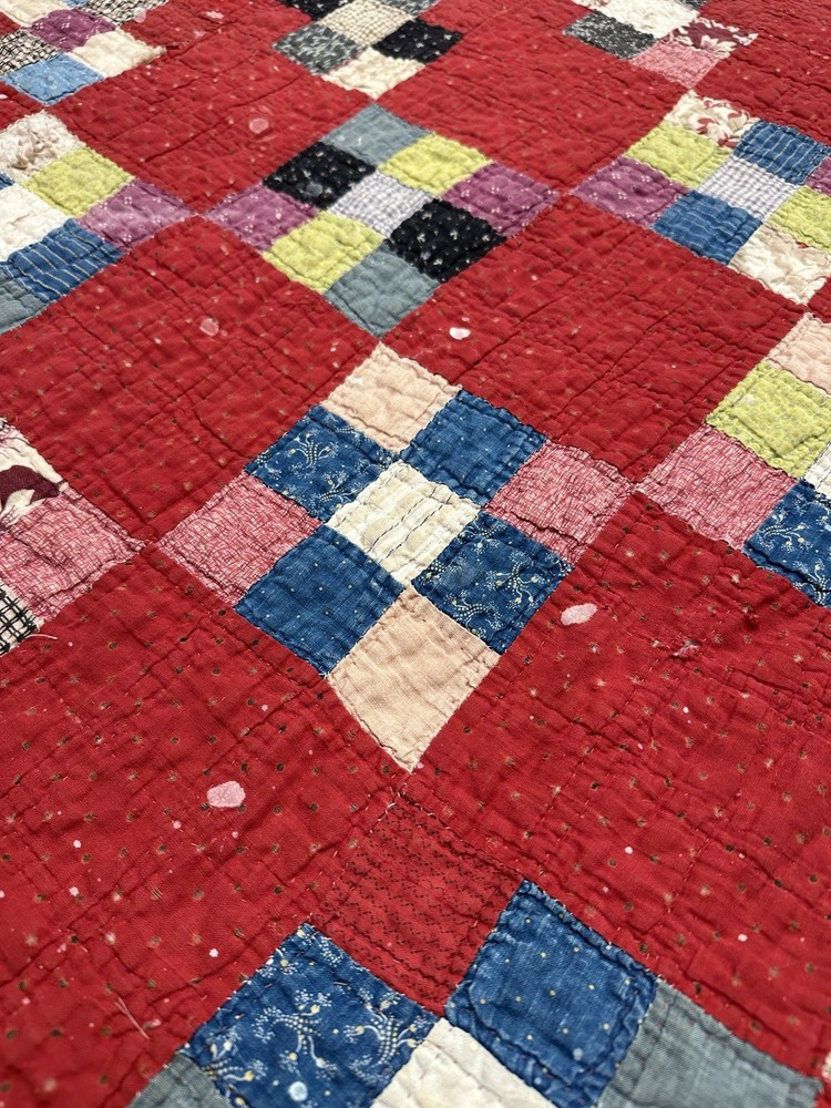 Vtg Nine Patch on Point Quilt Hand Sewn Red Feedsack Patchwork Distressed *Read