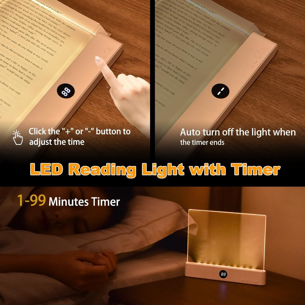 Book Light, Rechargeable Clear LED Flat Reading Light with 3 Colors & Timer, Dim