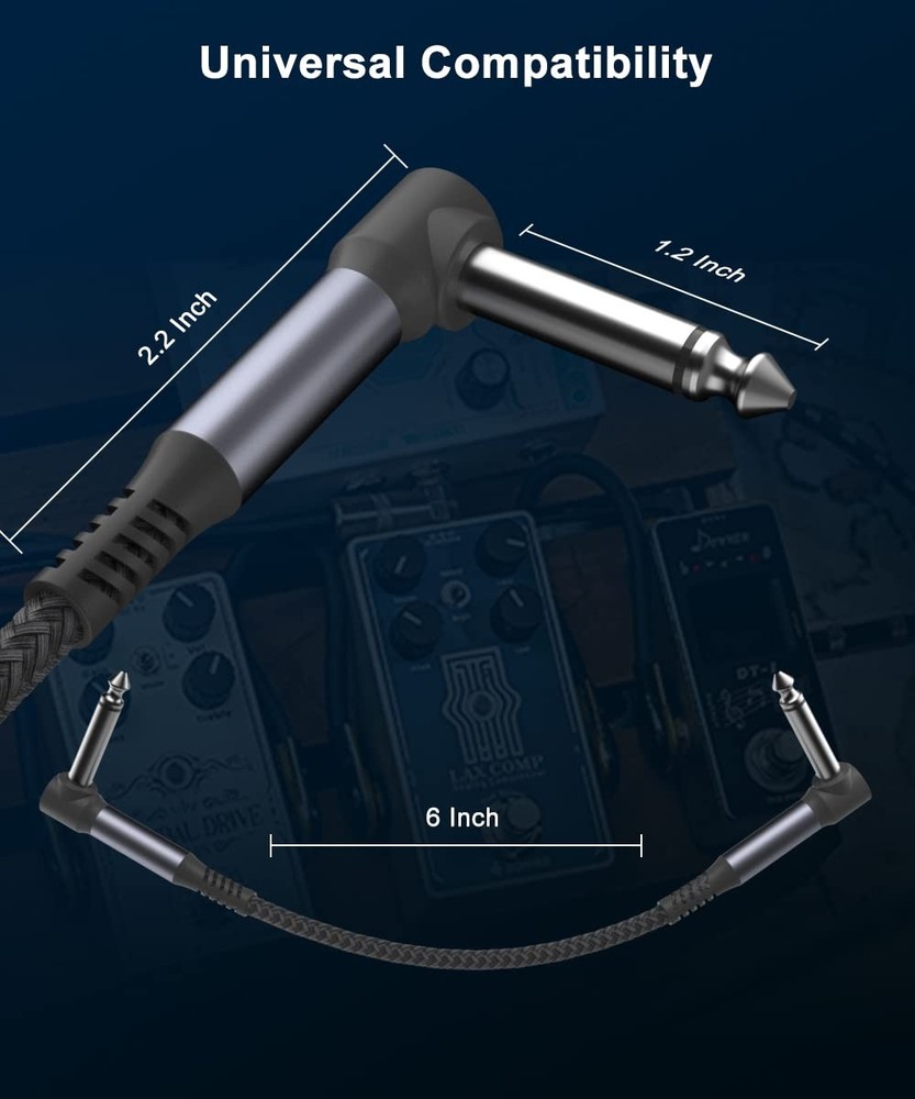 6-Inch Guitar Patch Cables 3-Pack, Right-Angle 1/4" Audio Connectors