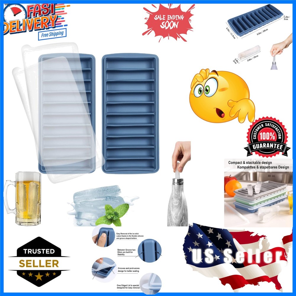 2 PCS Ice Cube Tray, Long Ice Stick Tray Silicone with Lid, Rectangular Narro...