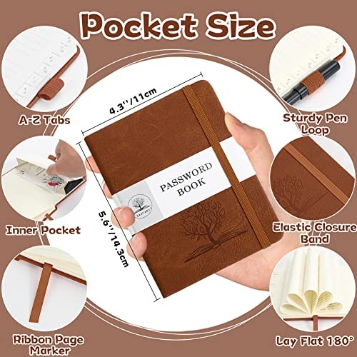 Password Book with Alphabetical Tabs - Small Password Keeper Reddish Brown