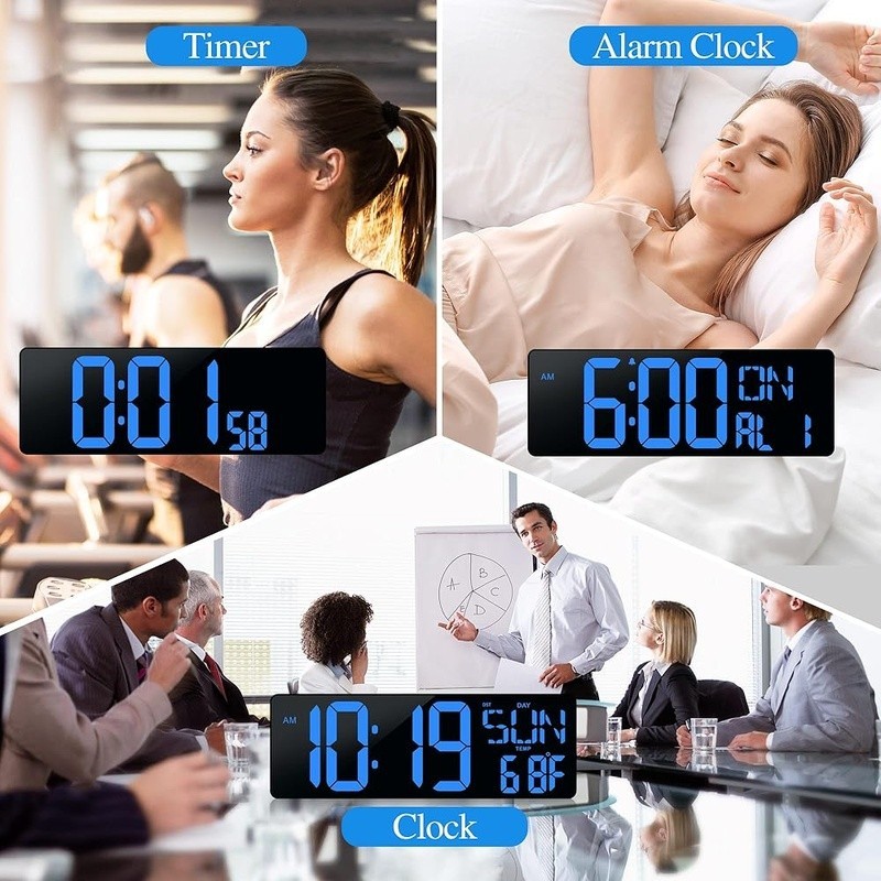 Extra Large LED Digital Wall Clock Auto Dimming Snooze Timer Remote Control