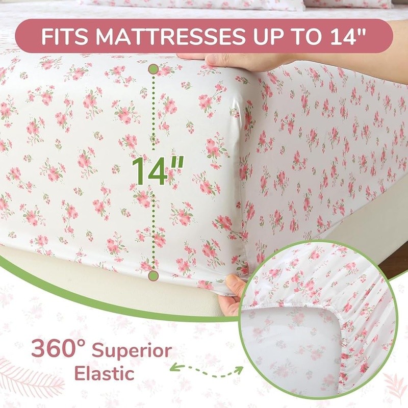 Lightweight Microfiber Sheet Set Deep Pocket Floral Pattern Breathable Easy Care
