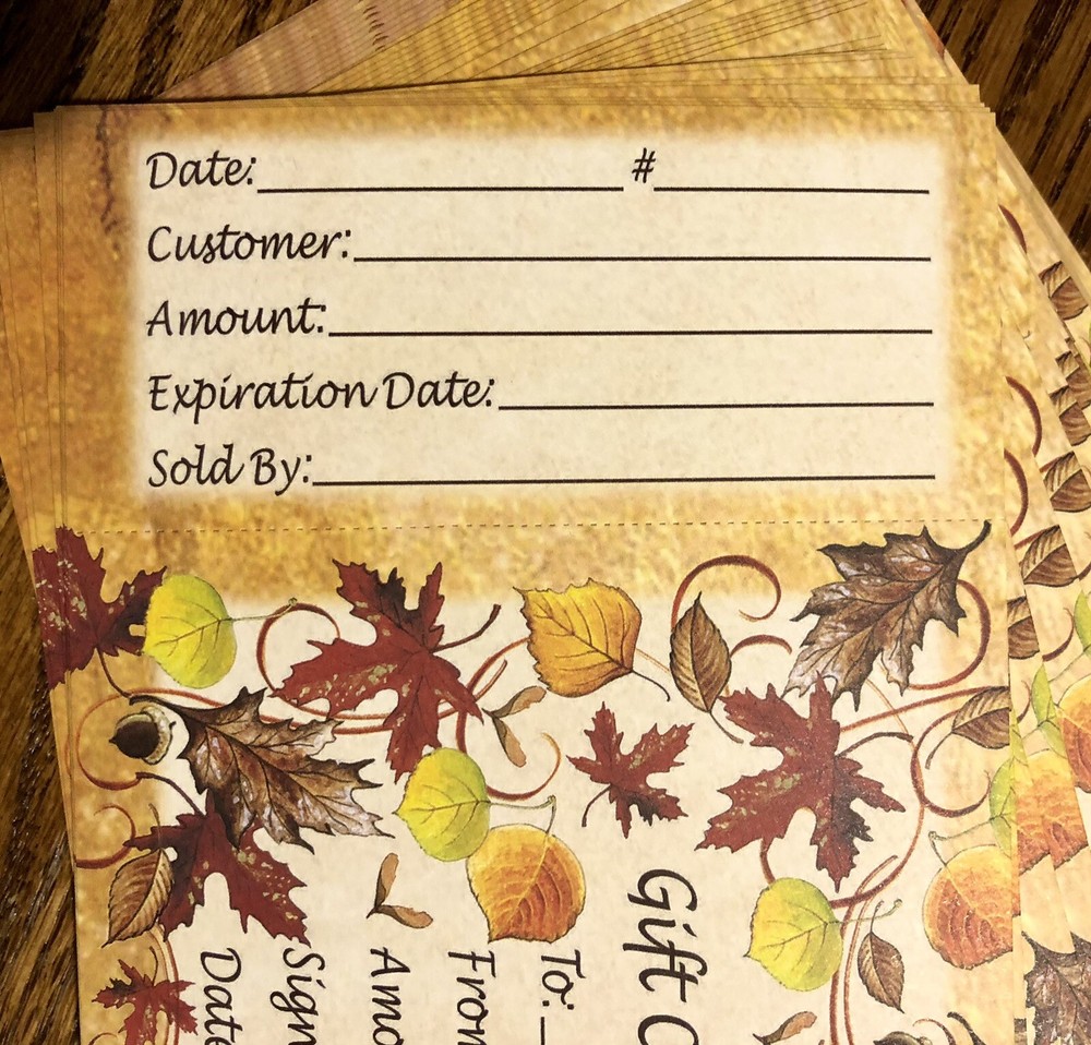 100 Gift Certificates- Fall Leaves Theme