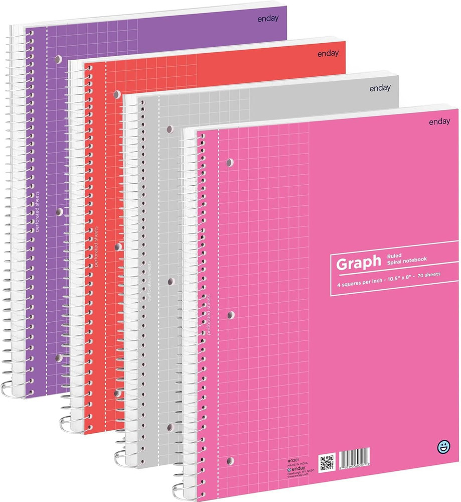 Enday 4-Pack Graph Paper Notebooks - Spiral Quad Ruled, Assorted Colors